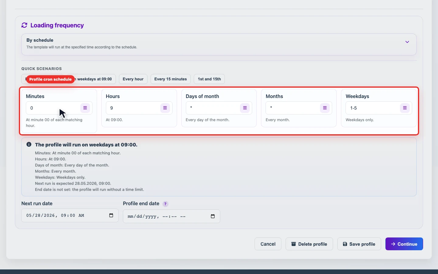 Screenshot of profile cron schedule in Eofferix Screenshot of profile cron schedule in Eofferix