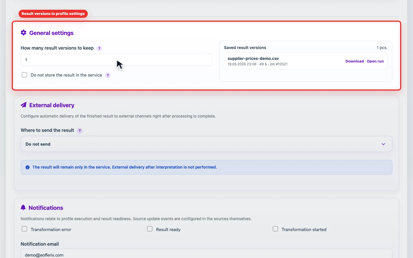 Screenshot of saved result versions in profile settings