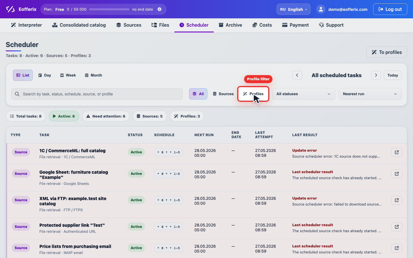 Animation of filtering profiles and switching the scheduler to week view Animation of filtering profiles and switching the scheduler to week view