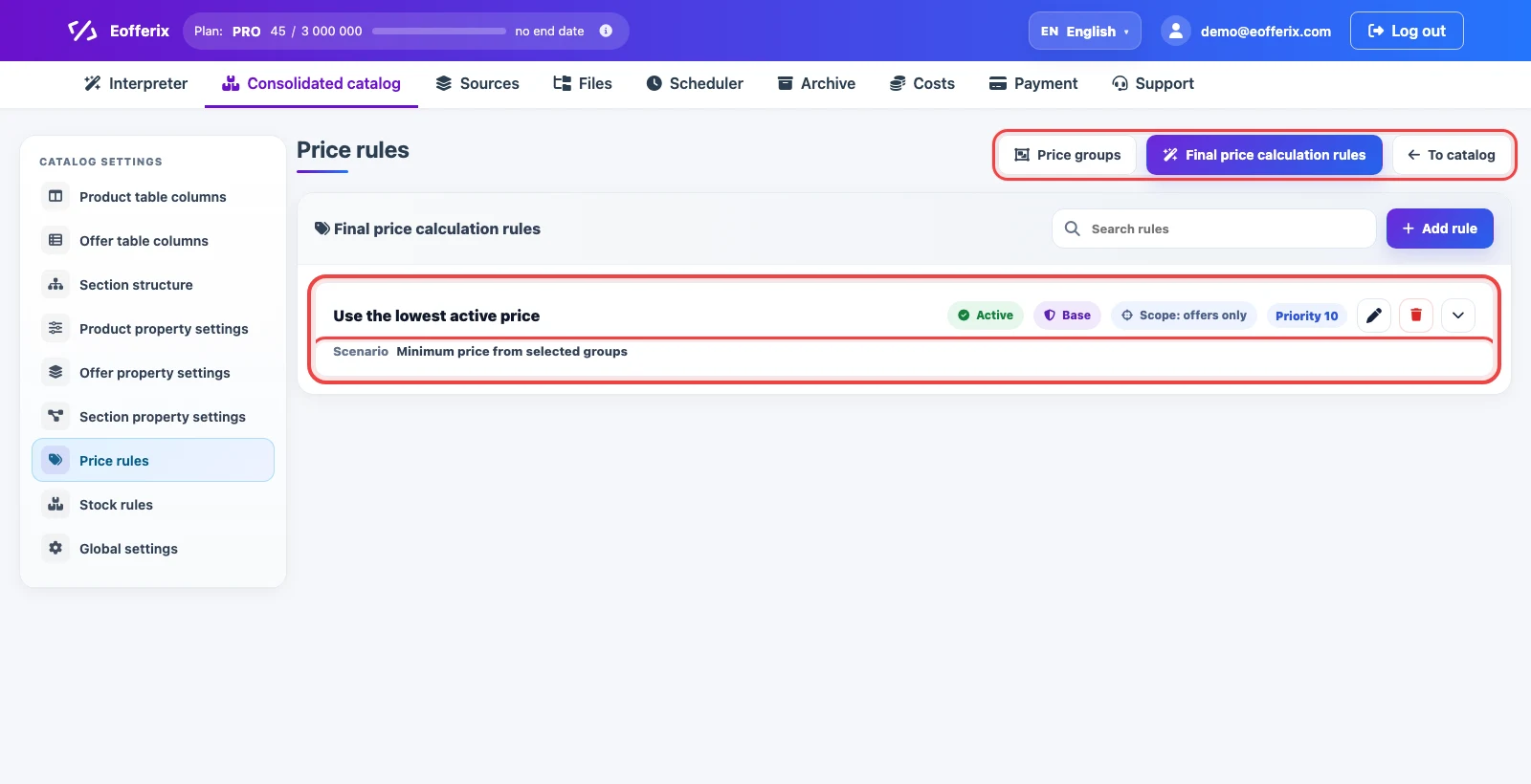 Open image larger List of final price calculation rules in Eofferix