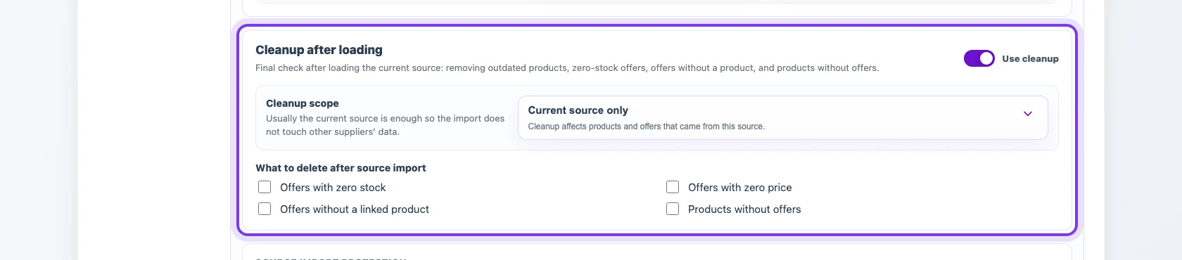 Cleanup settings after source import