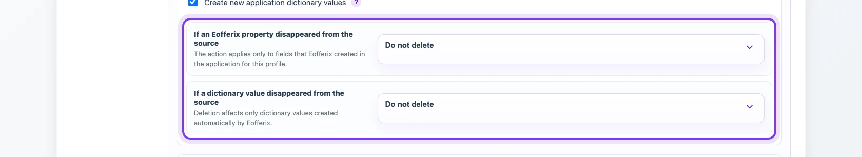 Rules for properties and dictionary values missing from the source