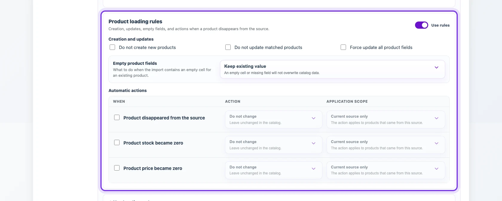 Product loading rules in an Eofferix profile