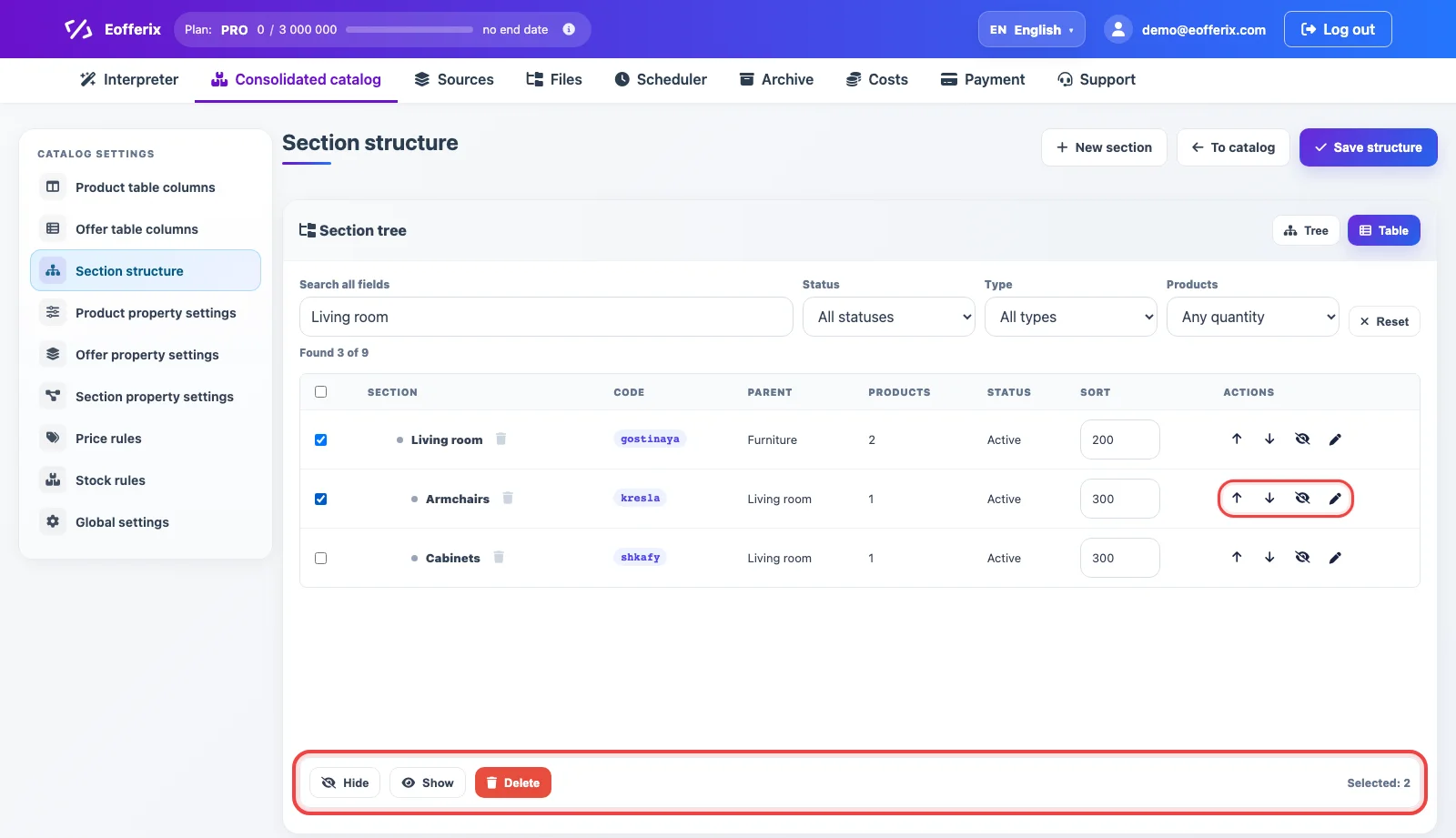 Bulk actions and section management buttons in Eofferix