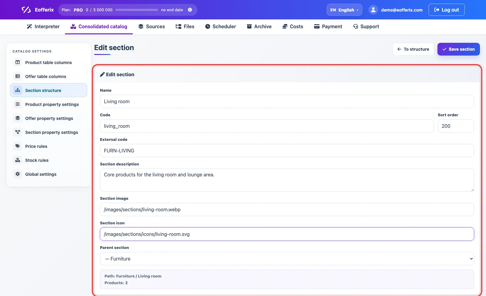 Editing a catalog section in Eofferix