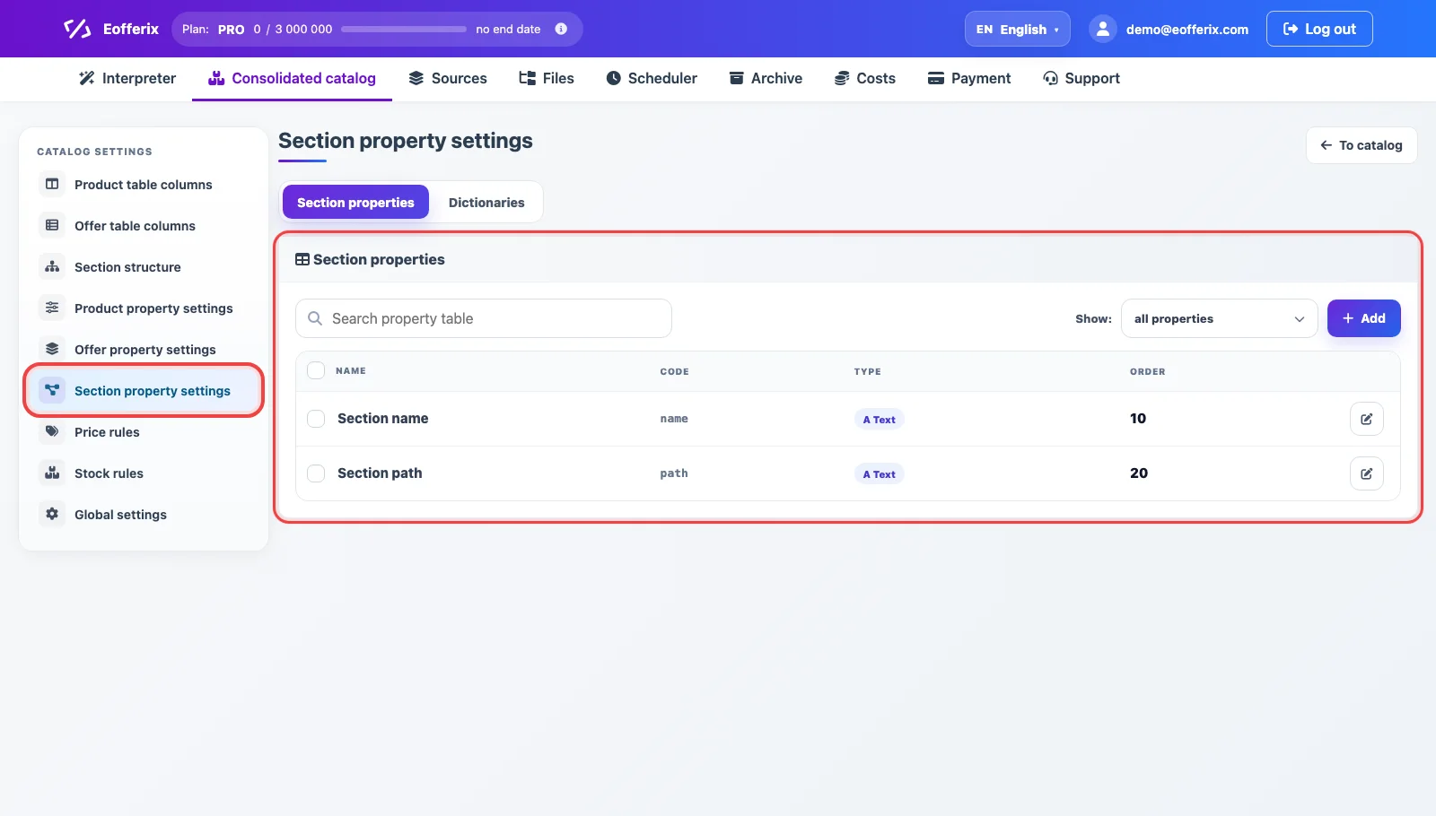 Section property settings in Eofferix