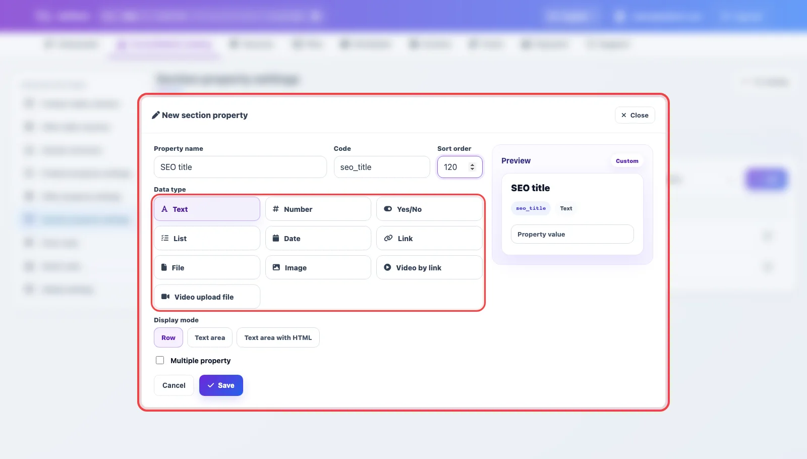 Choosing the data type of a new section property in Eofferix
