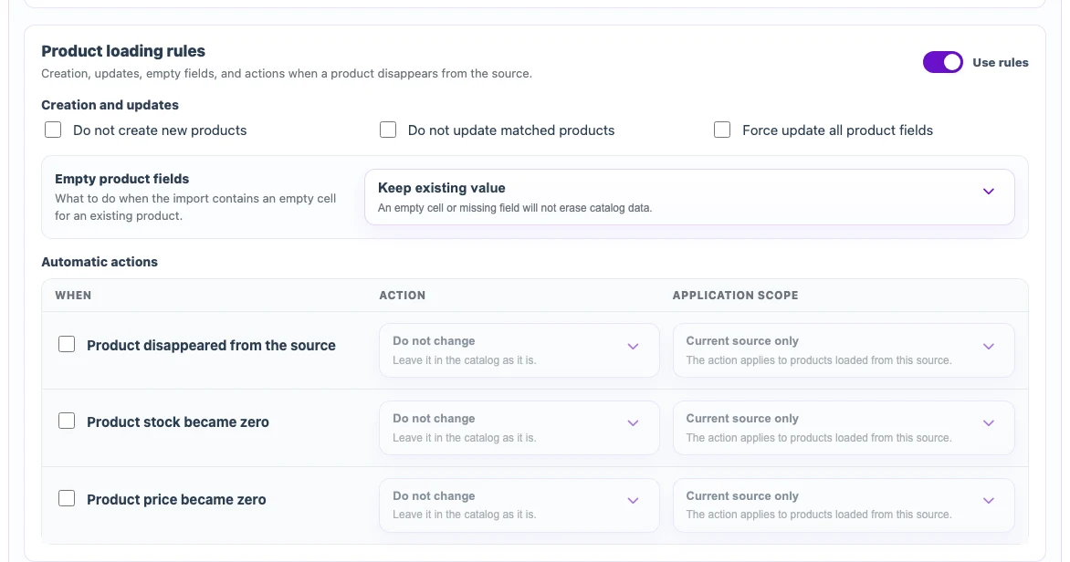Rules for creating, updating, and handling empty values in the import profile