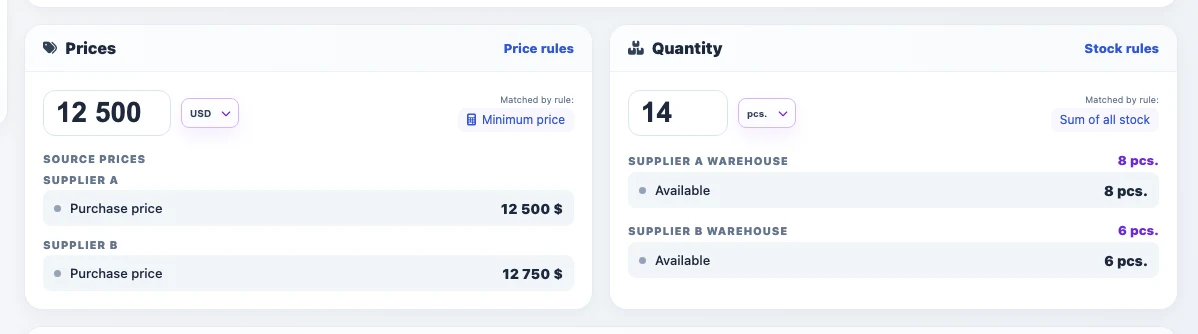 Product card with several price and warehouse groups in the consolidated catalog