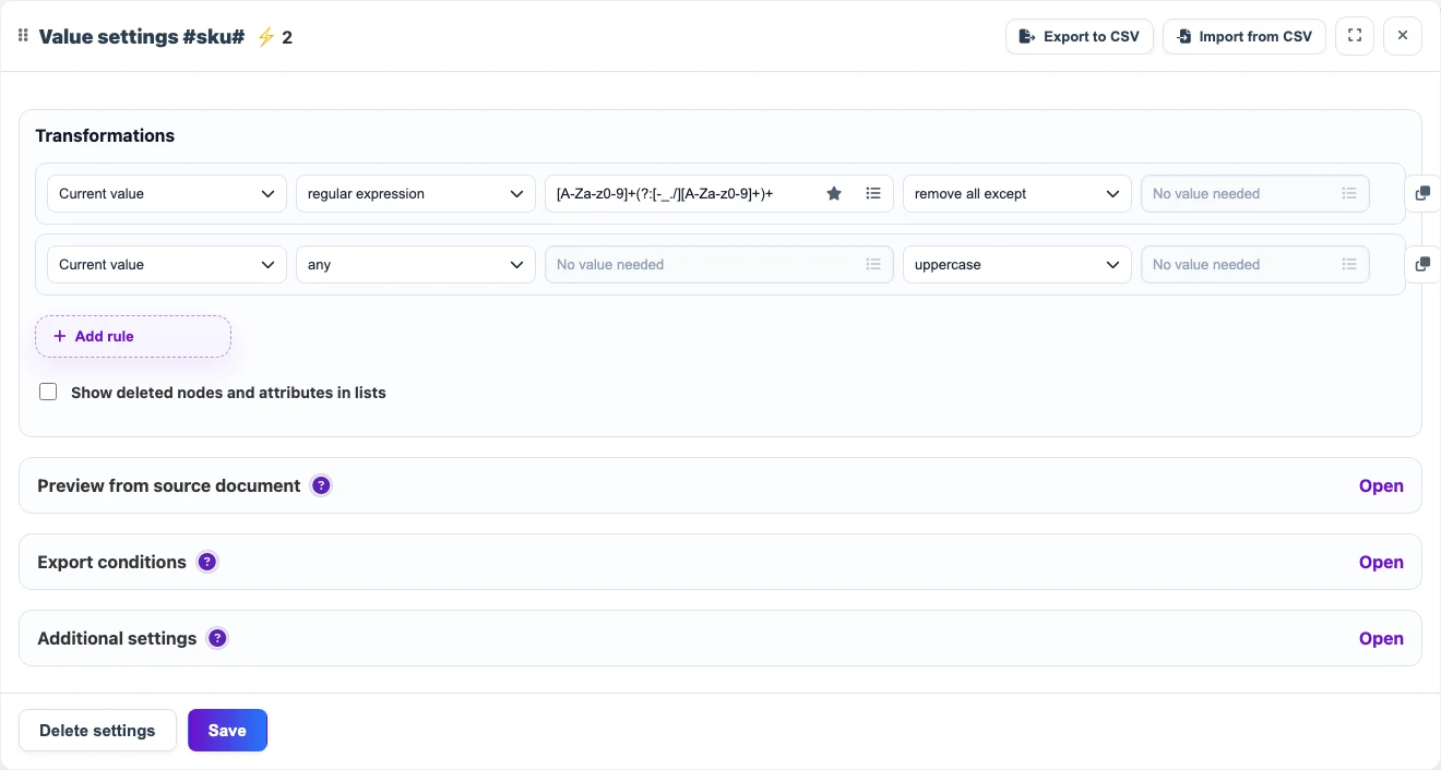 Open image larger SKU cleanup settings with a regular expression and uppercase conversion