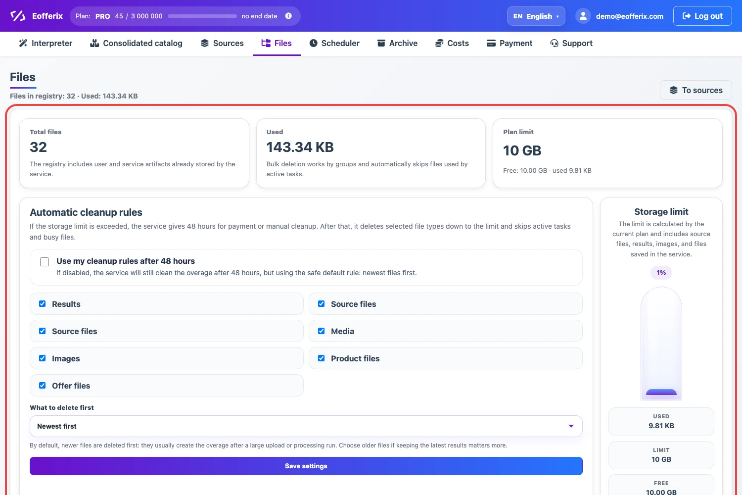 Open image larger Automatic cleanup rules and storage limit in Eofferix Files