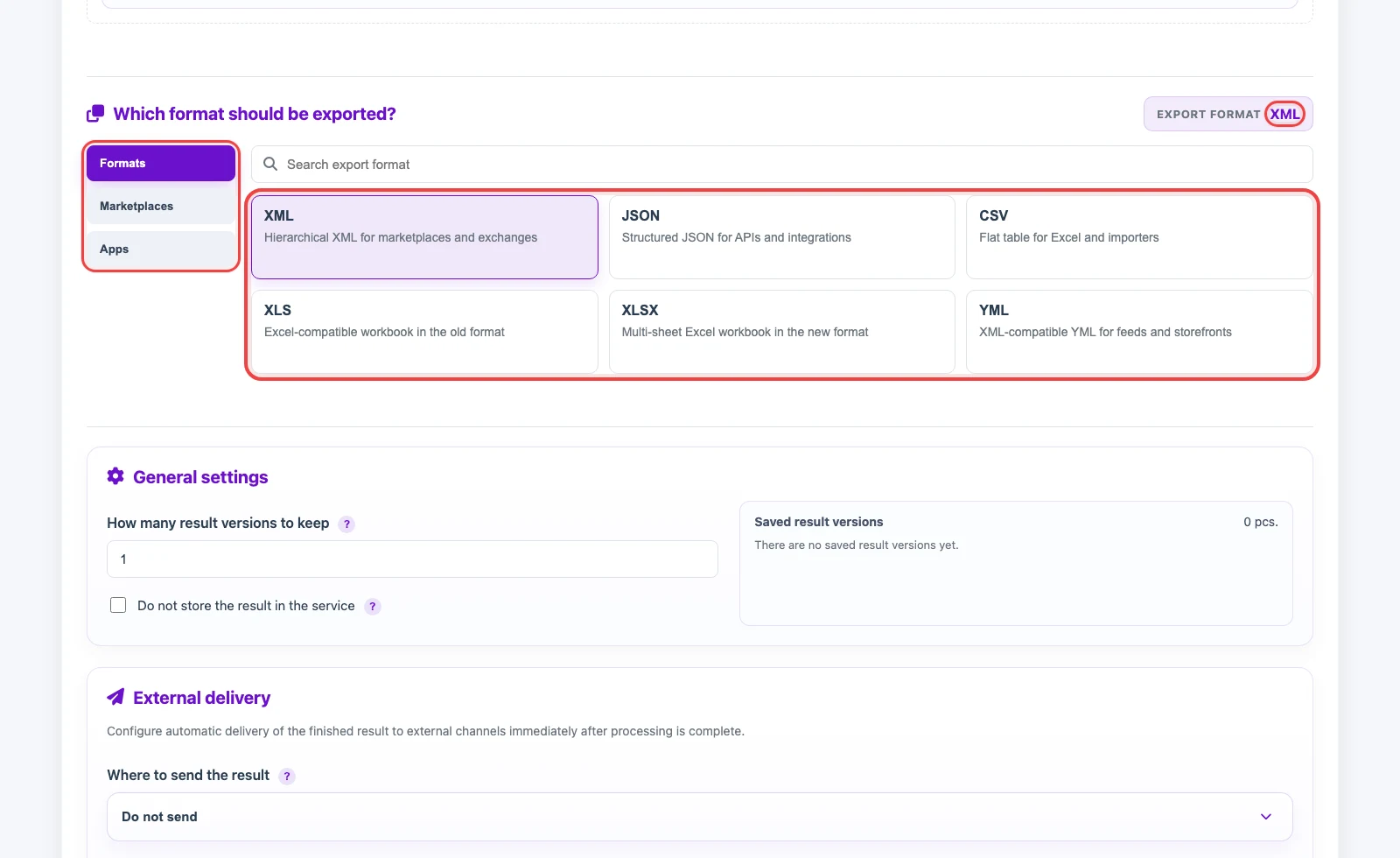 Selecting the result format for an Eofferix export profile