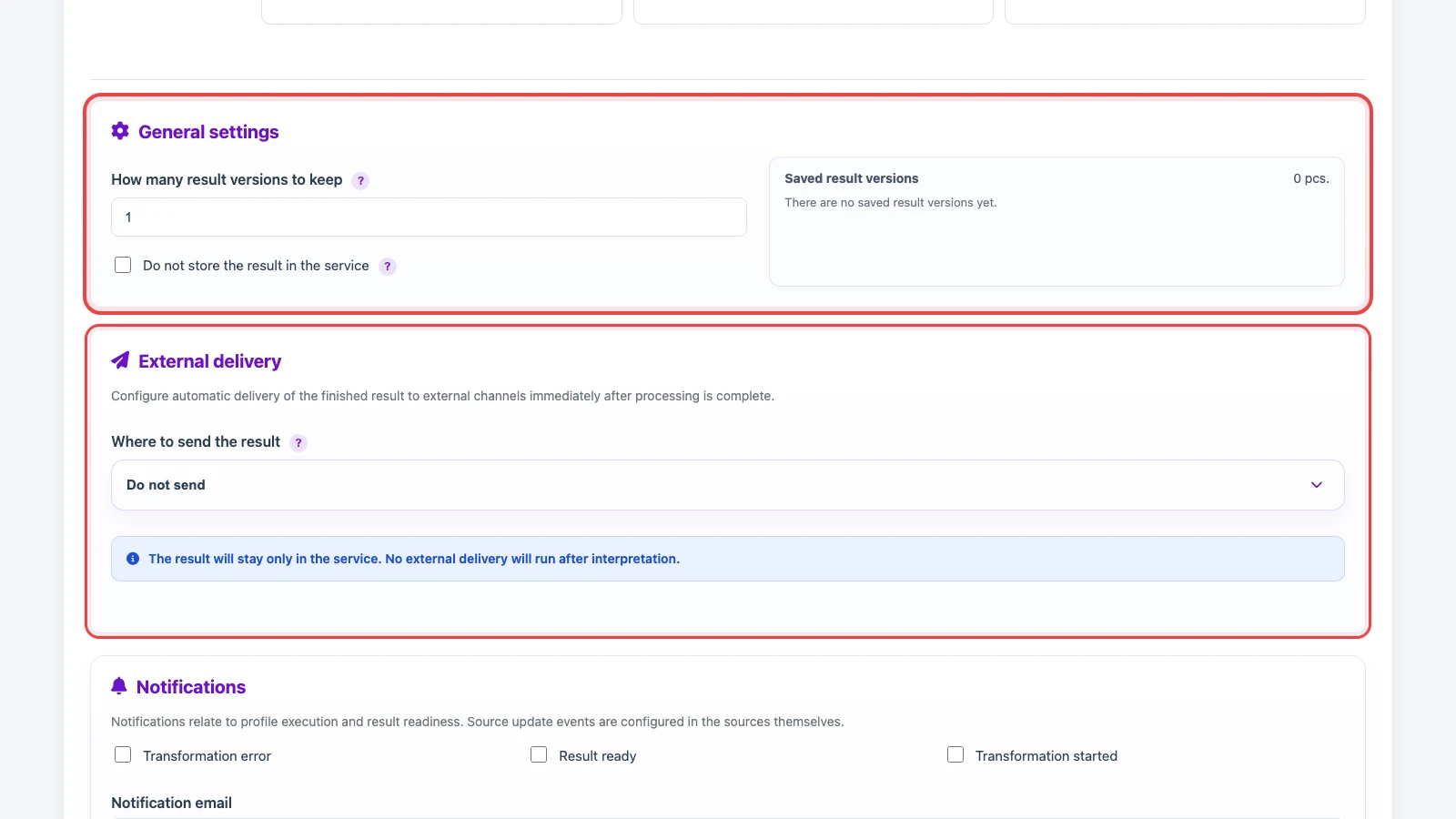Result storage, external delivery, and schedule settings in an Eofferix profile