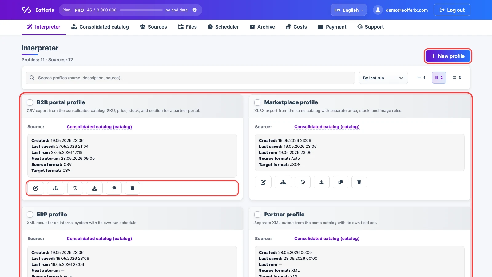 Eofferix interpreter profile list with export profiles from the consolidated catalog