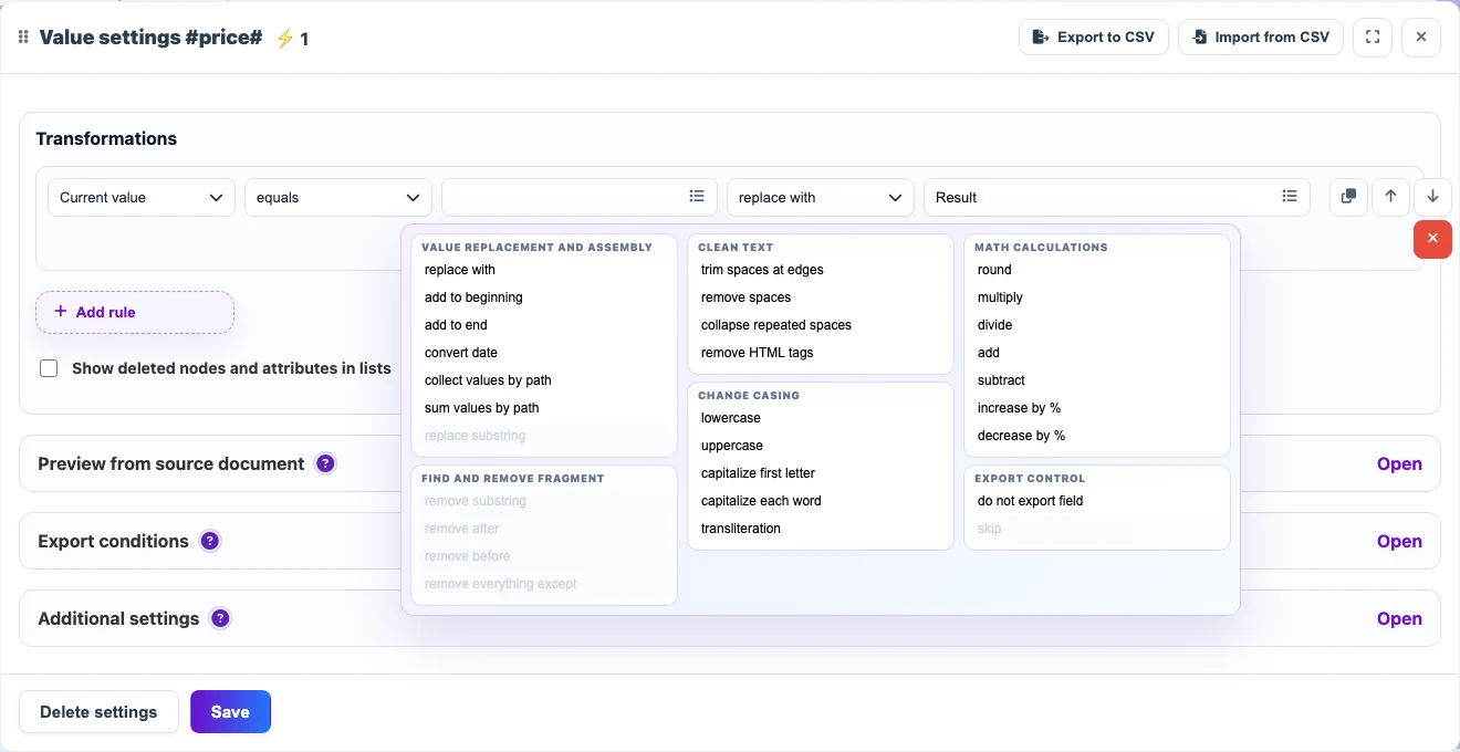 Open image larger Export control group in transformation actions: do not export field and skip