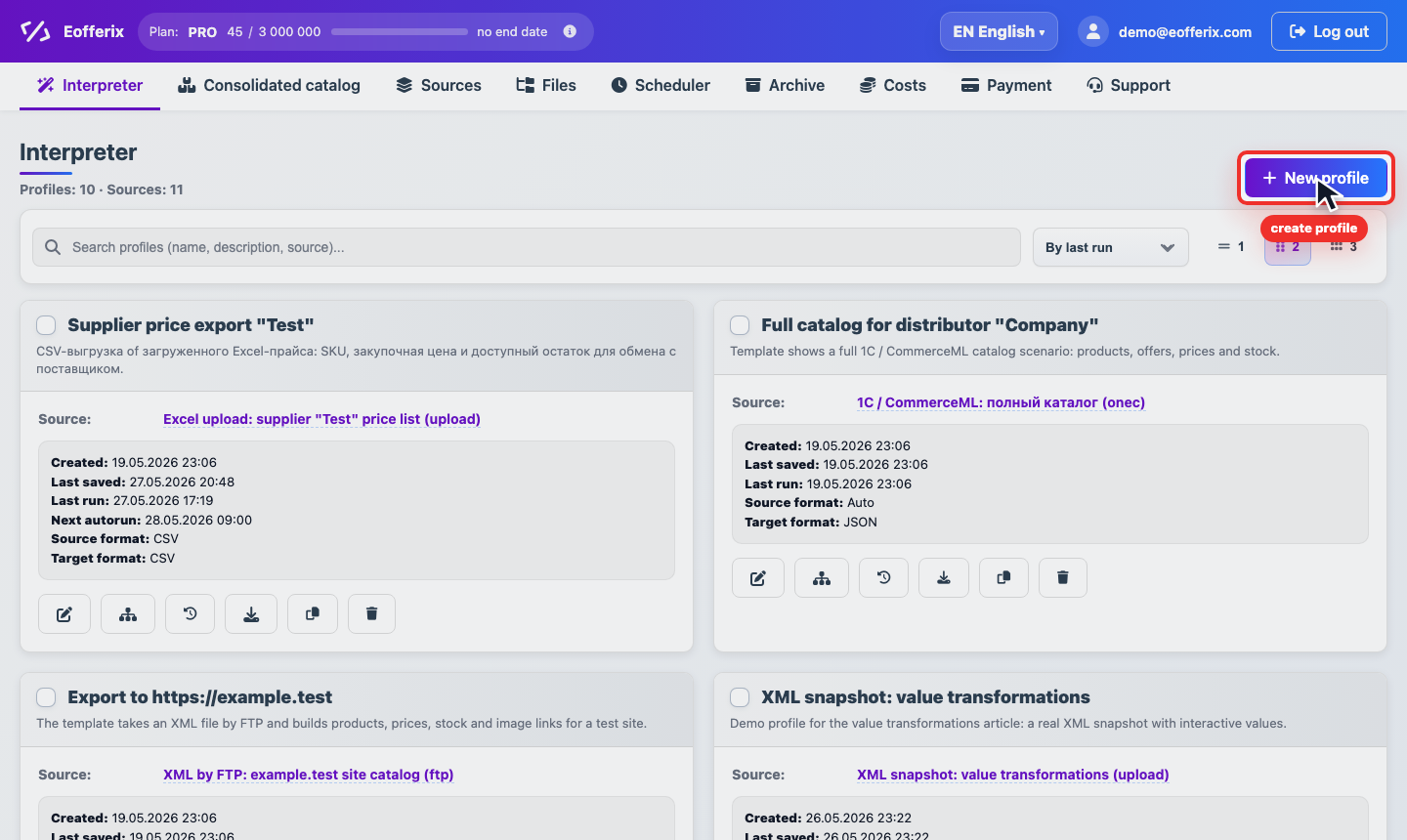 Animation of creating a new interpreter profile in Eofferix Animation of creating a new interpreter profile in Eofferix