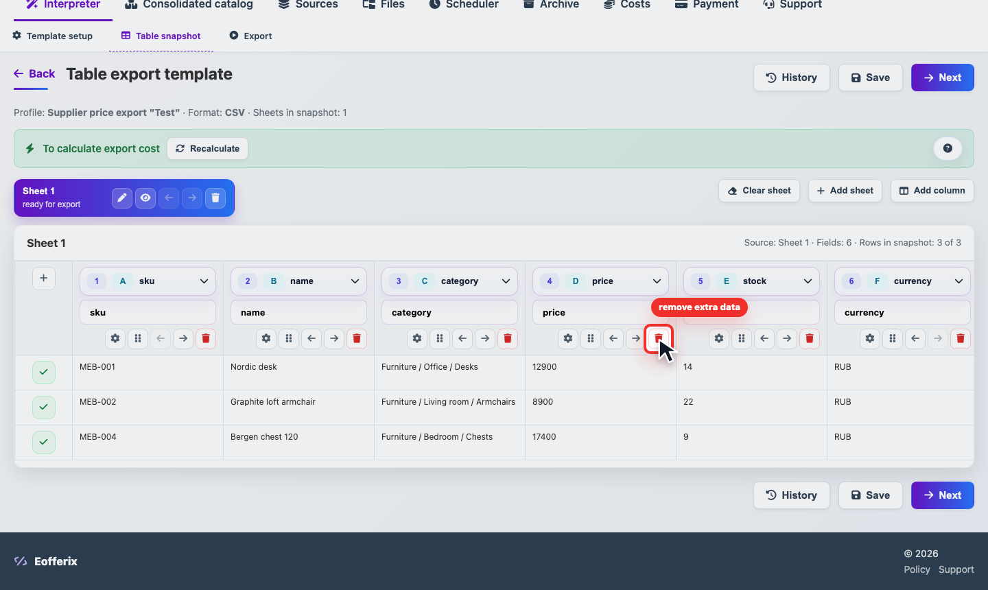 Animation of configuring the price transformation with an Increase by 10 percent rule