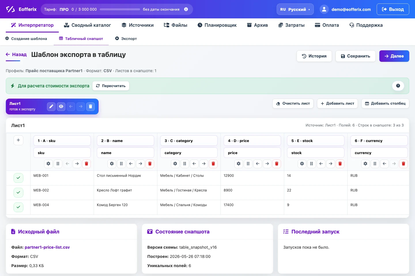 Табличный снапшот CSV/XLSX прайс-листа с колонками и строками-примерами