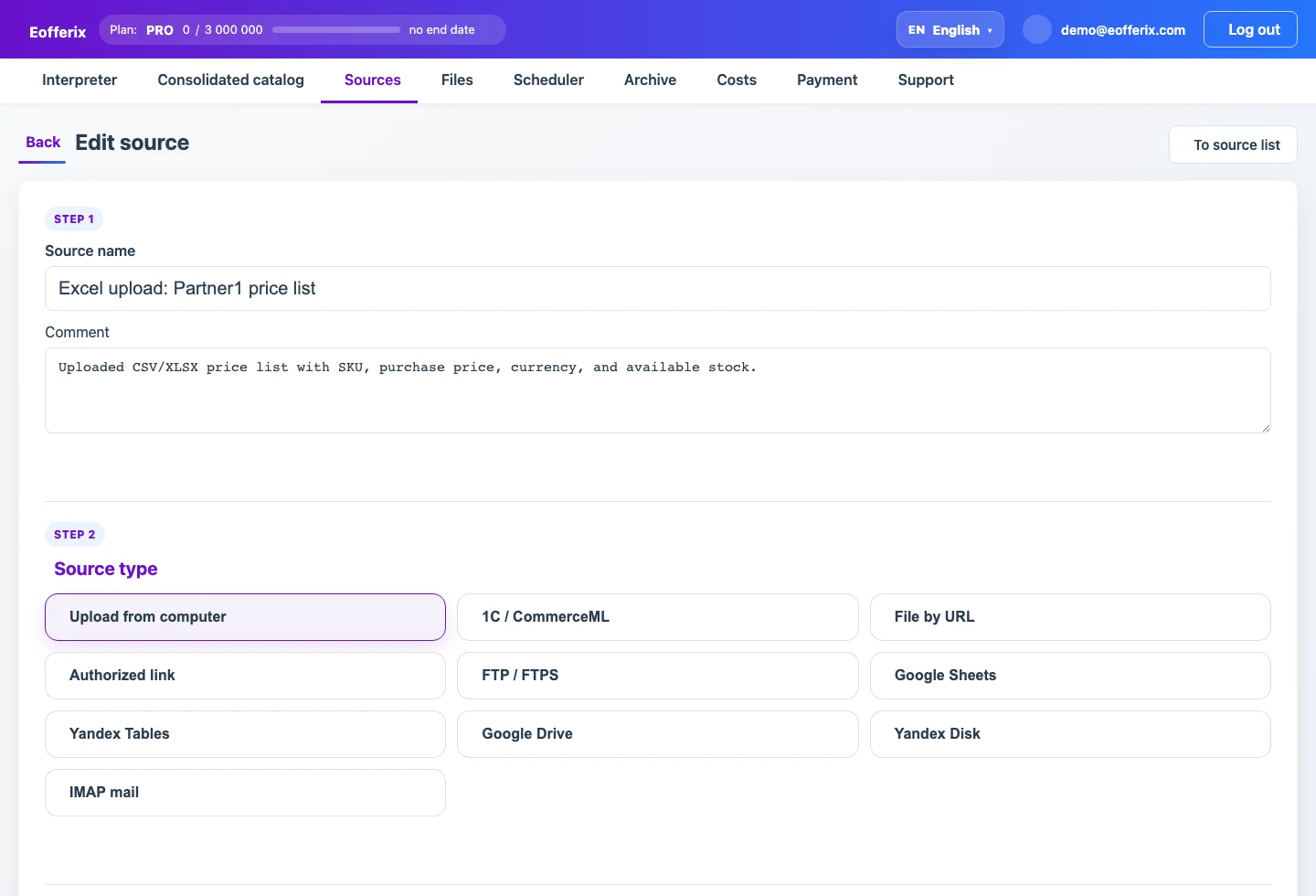 Choosing how Eofferix receives a CSV/XLSX price list source