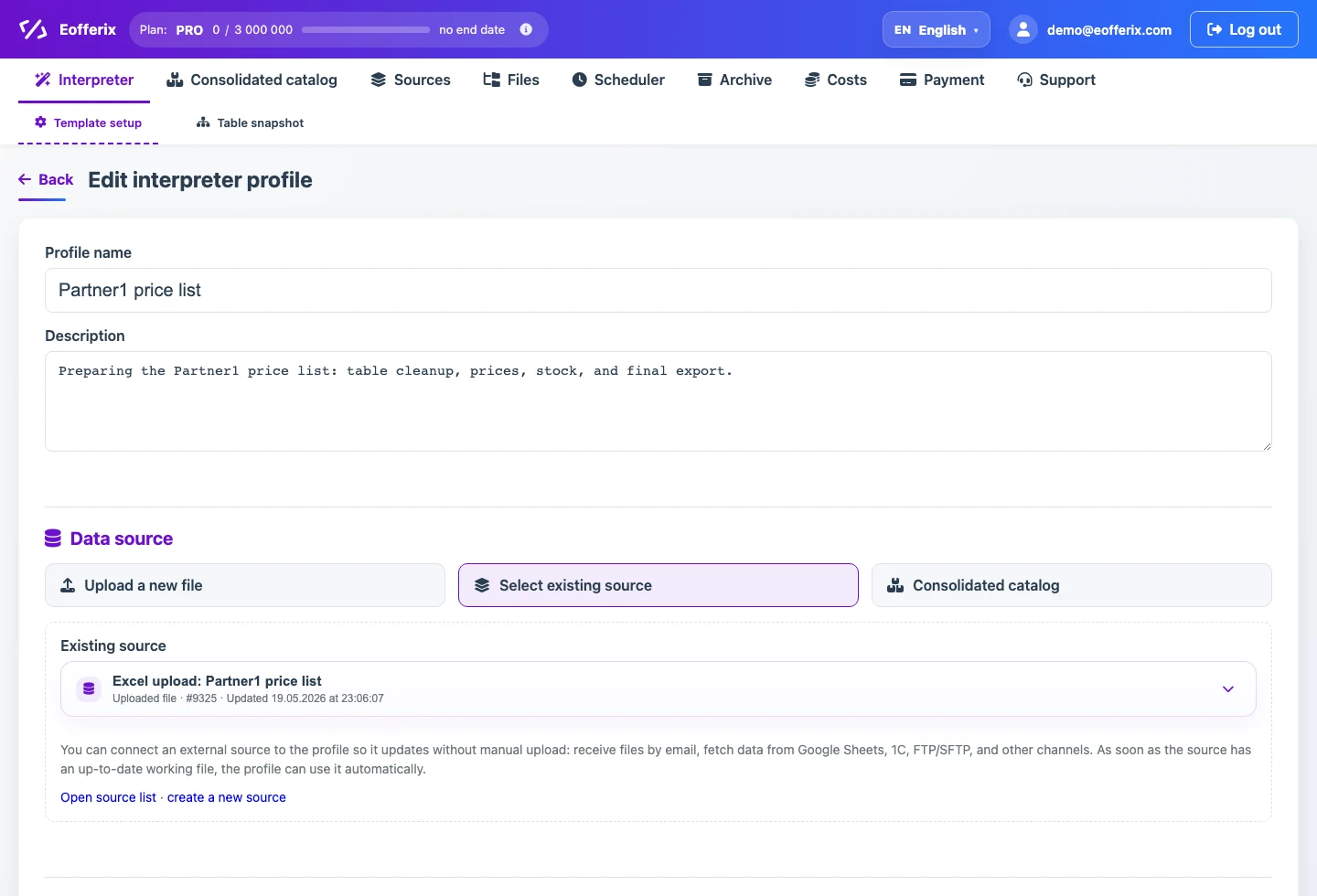 Creating a CSV/XLSX price list processing template from a source