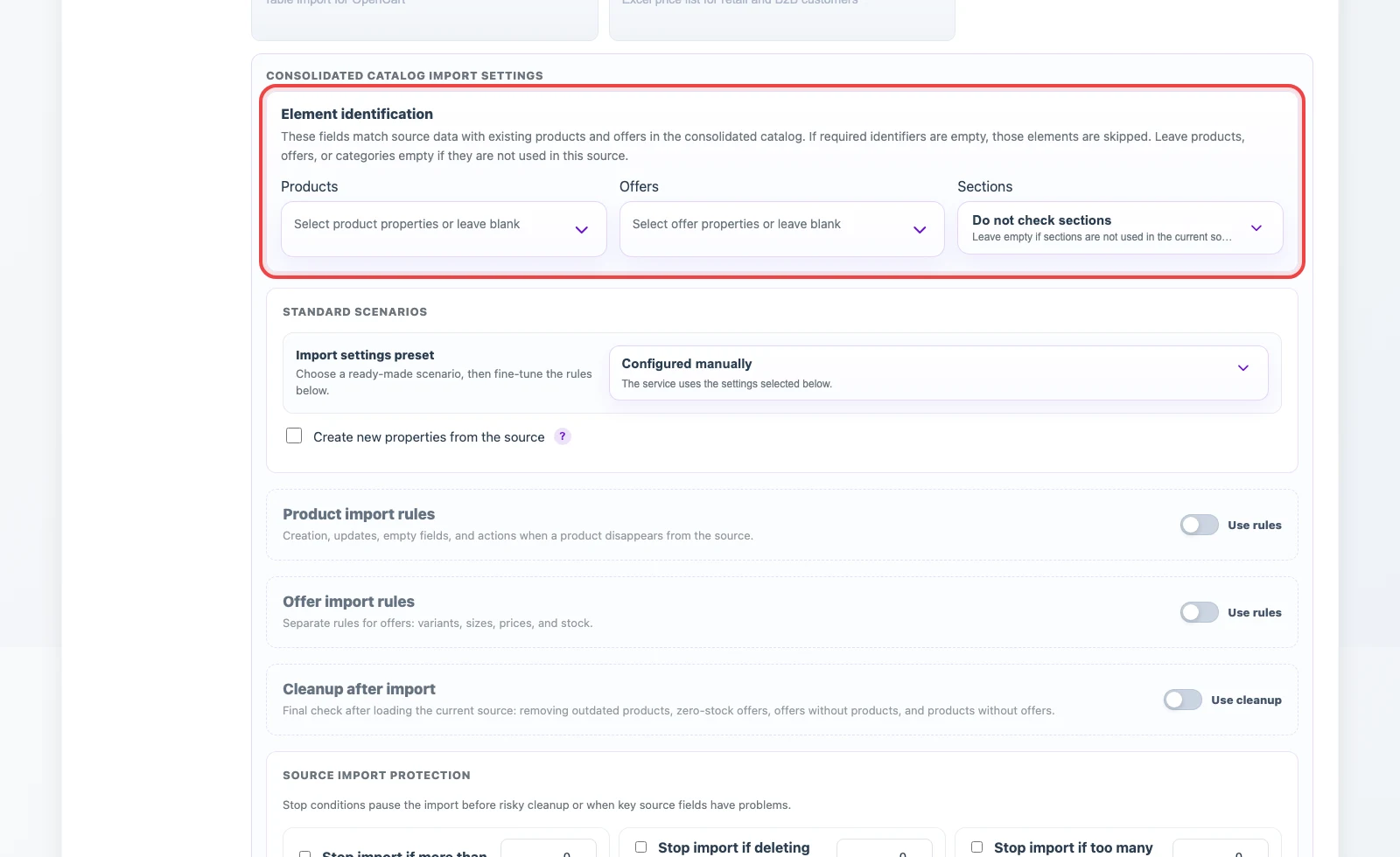 Identification fields for products, offers, and categories from a JSON source