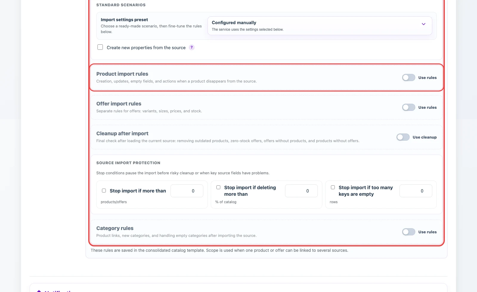Create, update, cleanup, and guard rules for a JSON source import