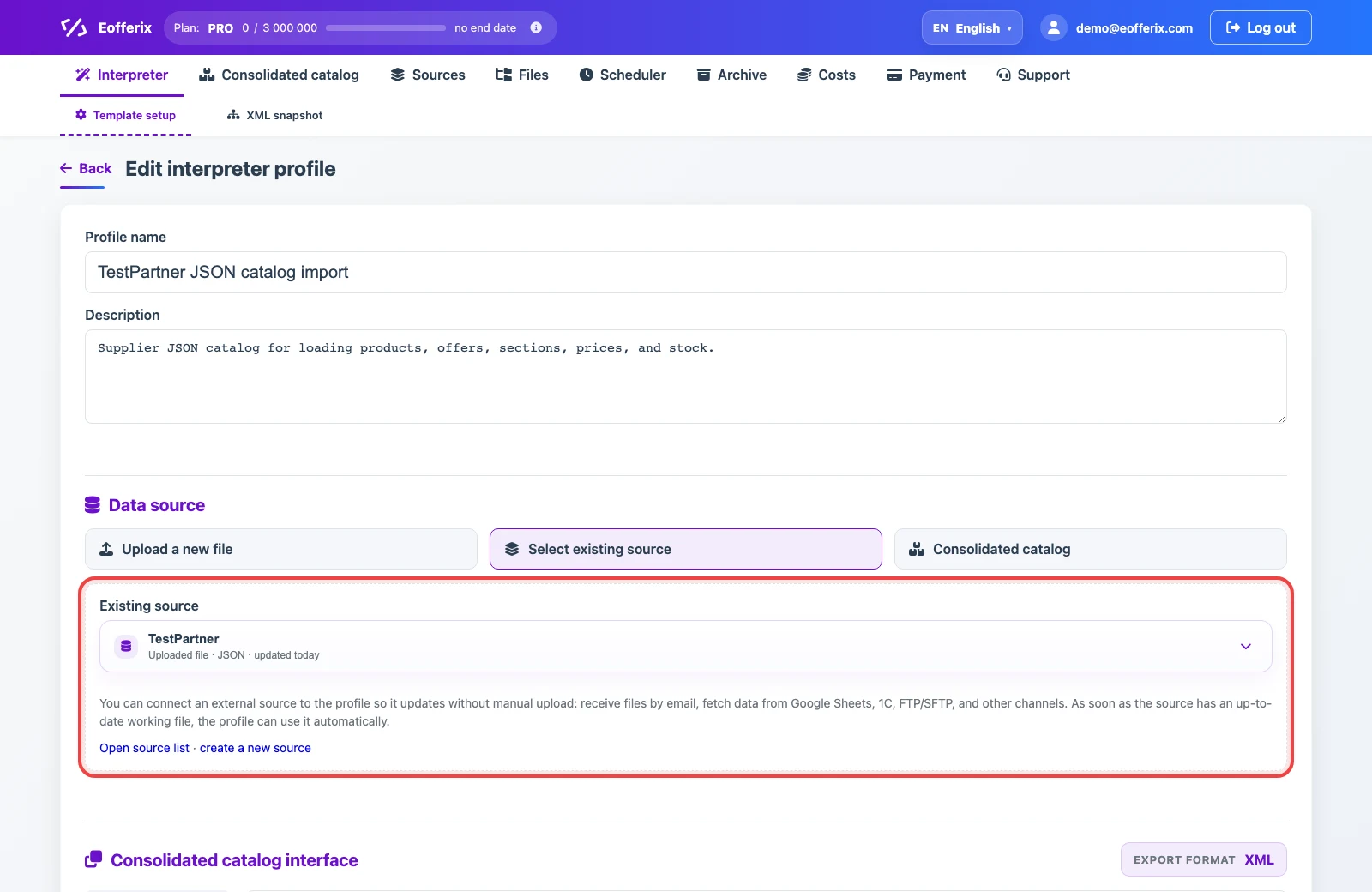 JSON source in a consolidated catalog profile with the XML interface