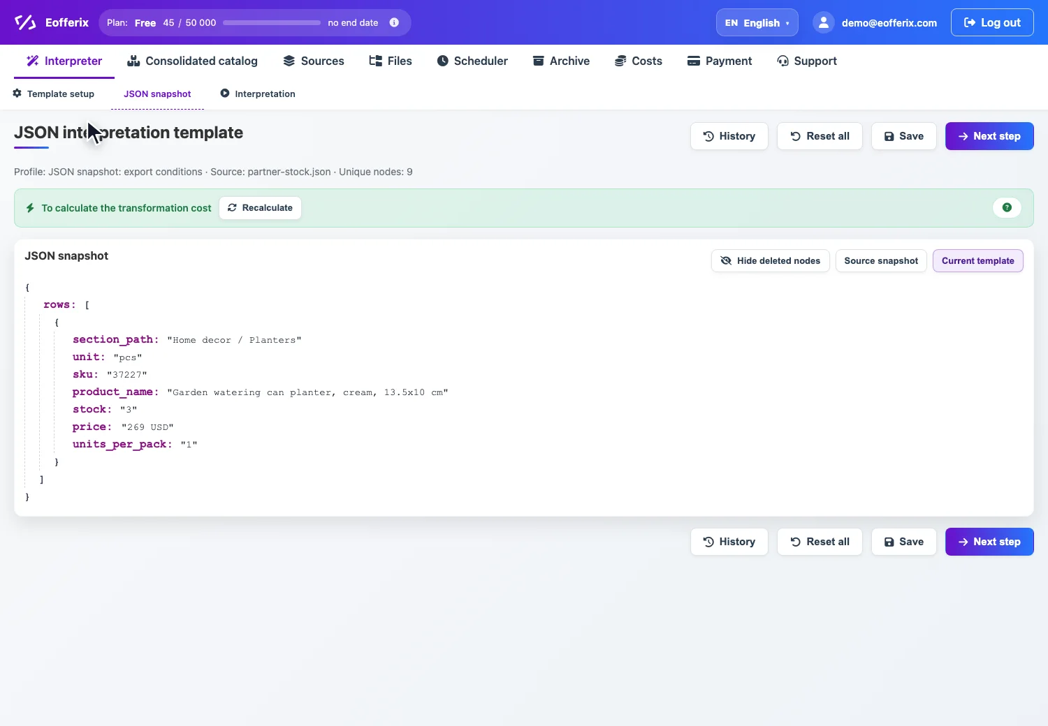 Open image larger Animation showing a JSON snapshot: open price settings, add a before-transformations not-empty export condition, and save