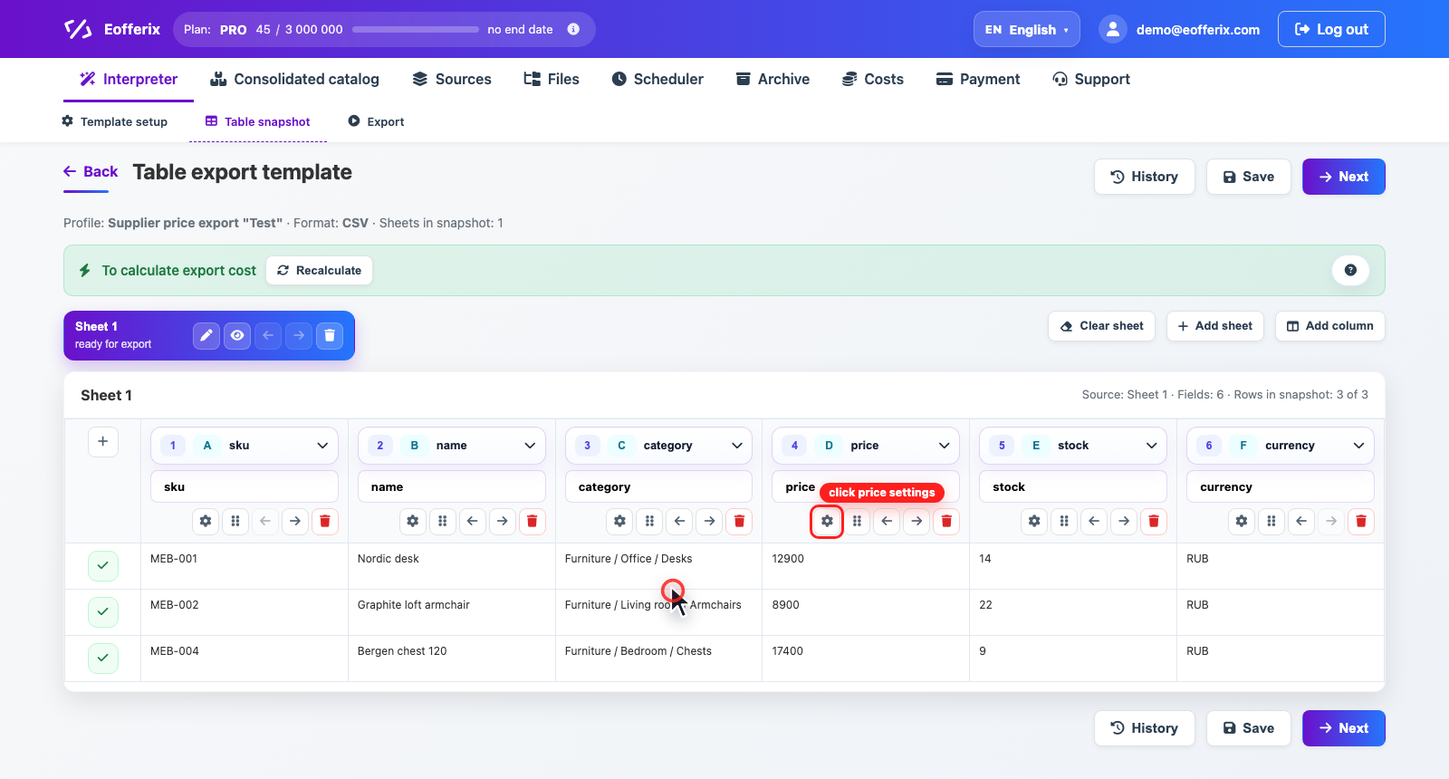 Animation of opening price column settings in the table snapshot