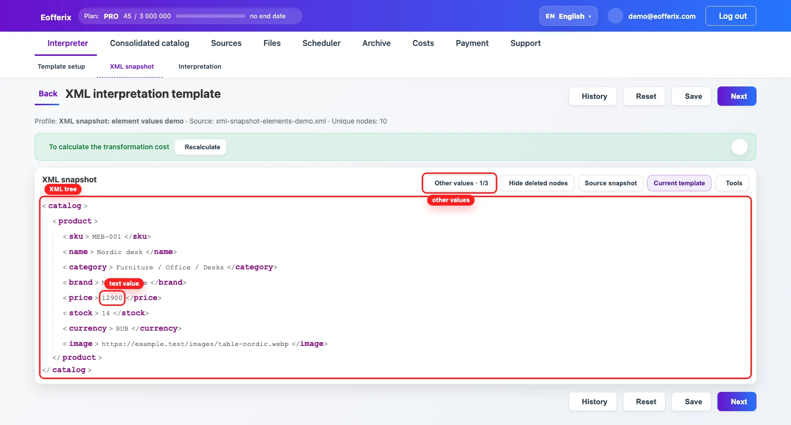 Eofferix XML snapshot with an element tree and the price text value highlighted Eofferix XML snapshot with an element tree and the price text value highlighted