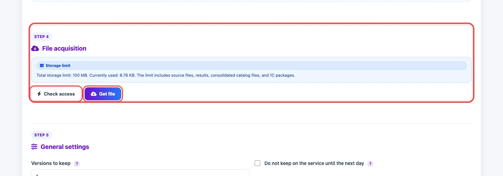 Access check and file acquisition buttons for an FTP / FTPS source