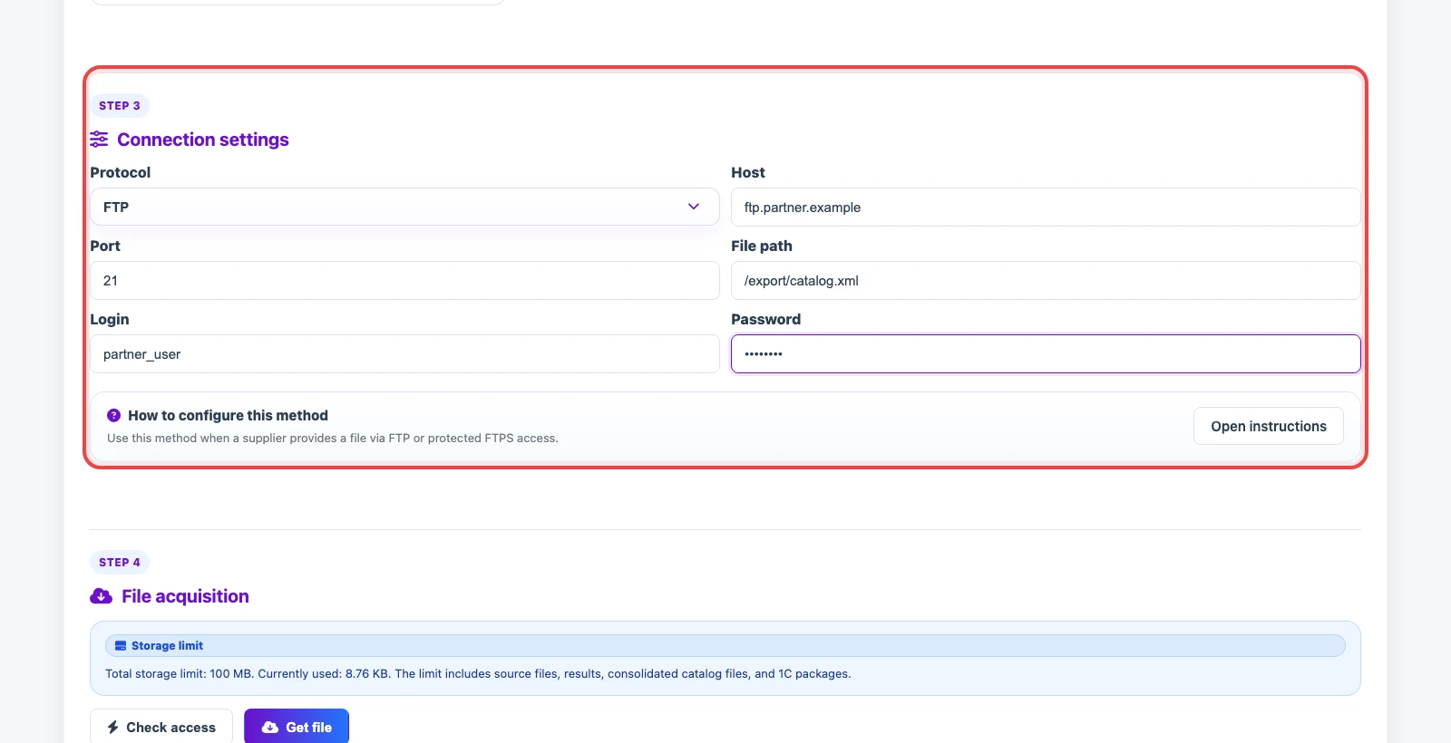 FTP / FTPS source connection fields in Eofferix