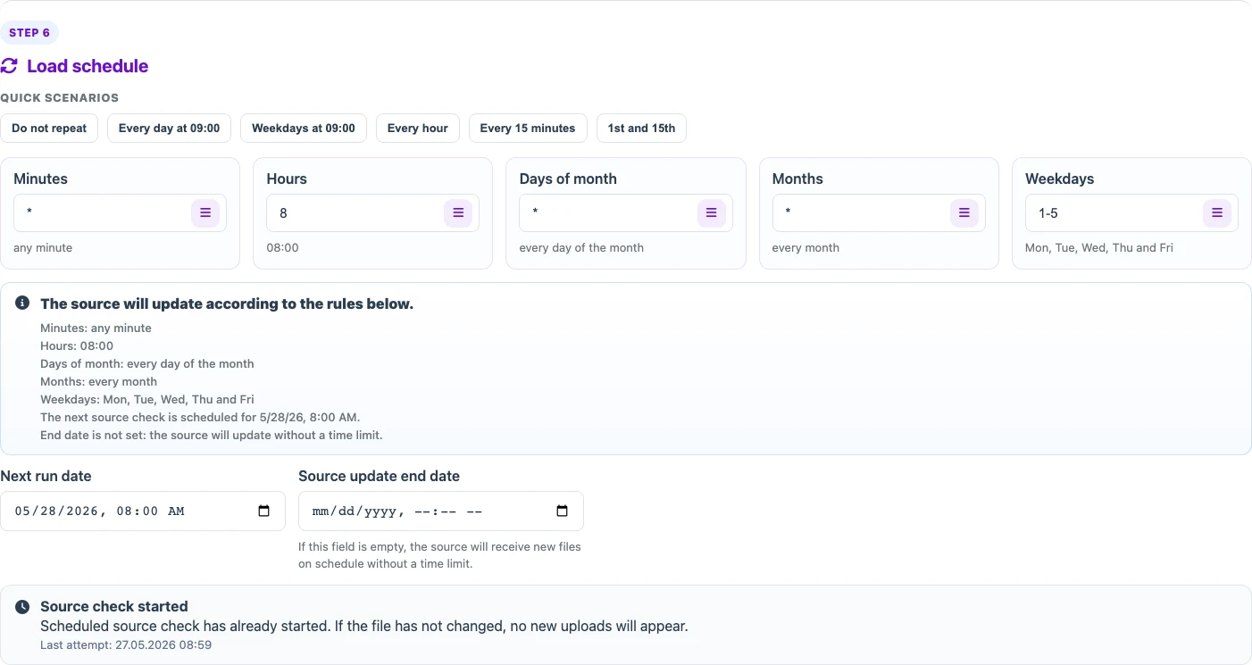 Source load schedule settings in Eofferix