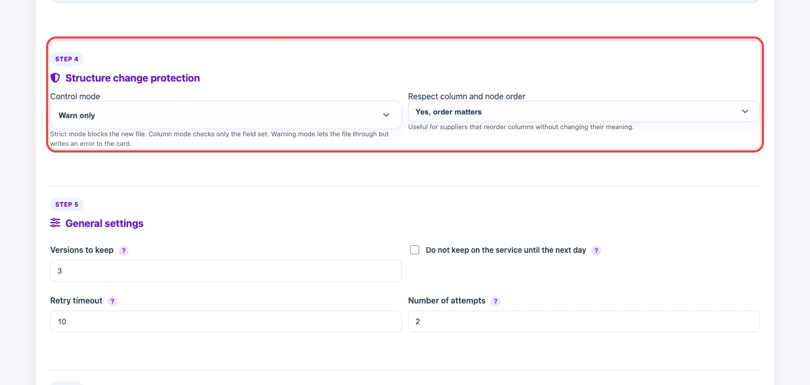 Source structure change guard settings in Eofferix