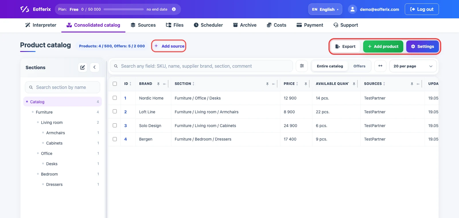 Add source, export, add product, and settings buttons in the Eofferix consolidated catalog