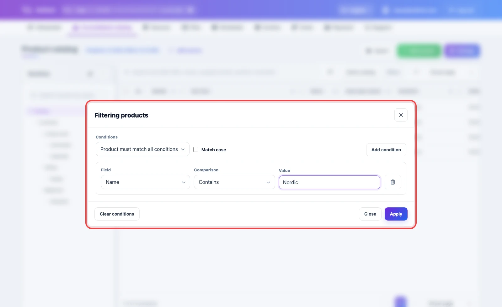 Product filtering window in the Eofferix consolidated catalog