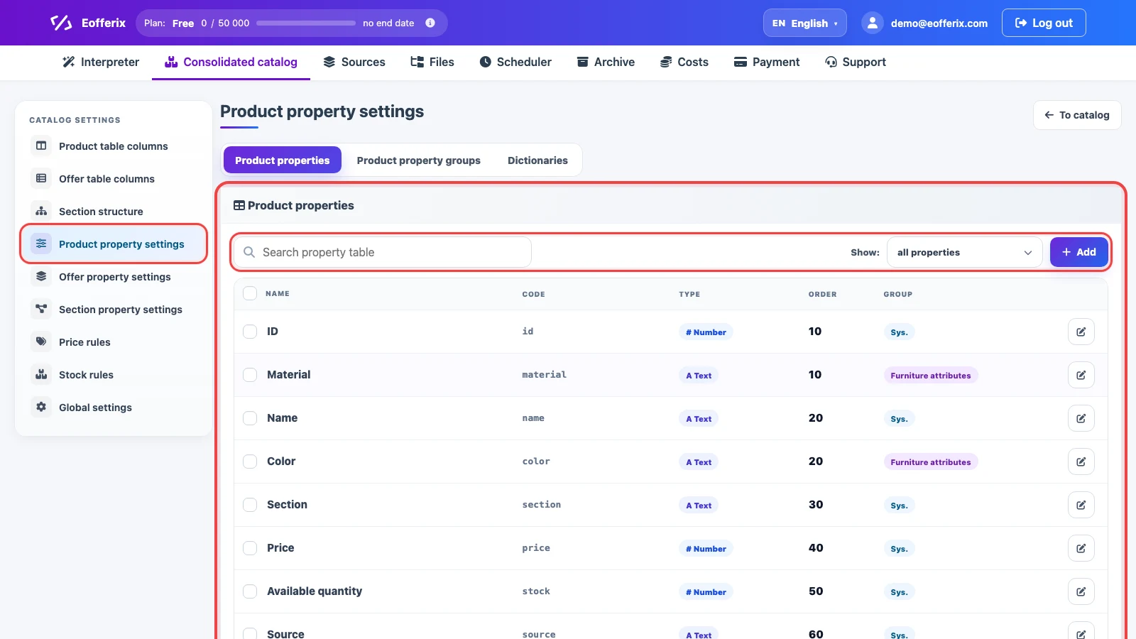 Product property settings in the Eofferix consolidated catalog