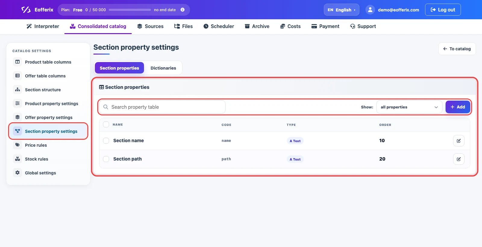 Section property settings in the Eofferix consolidated catalog