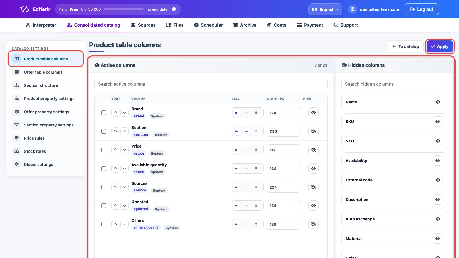 Product table column settings in the Eofferix consolidated catalog