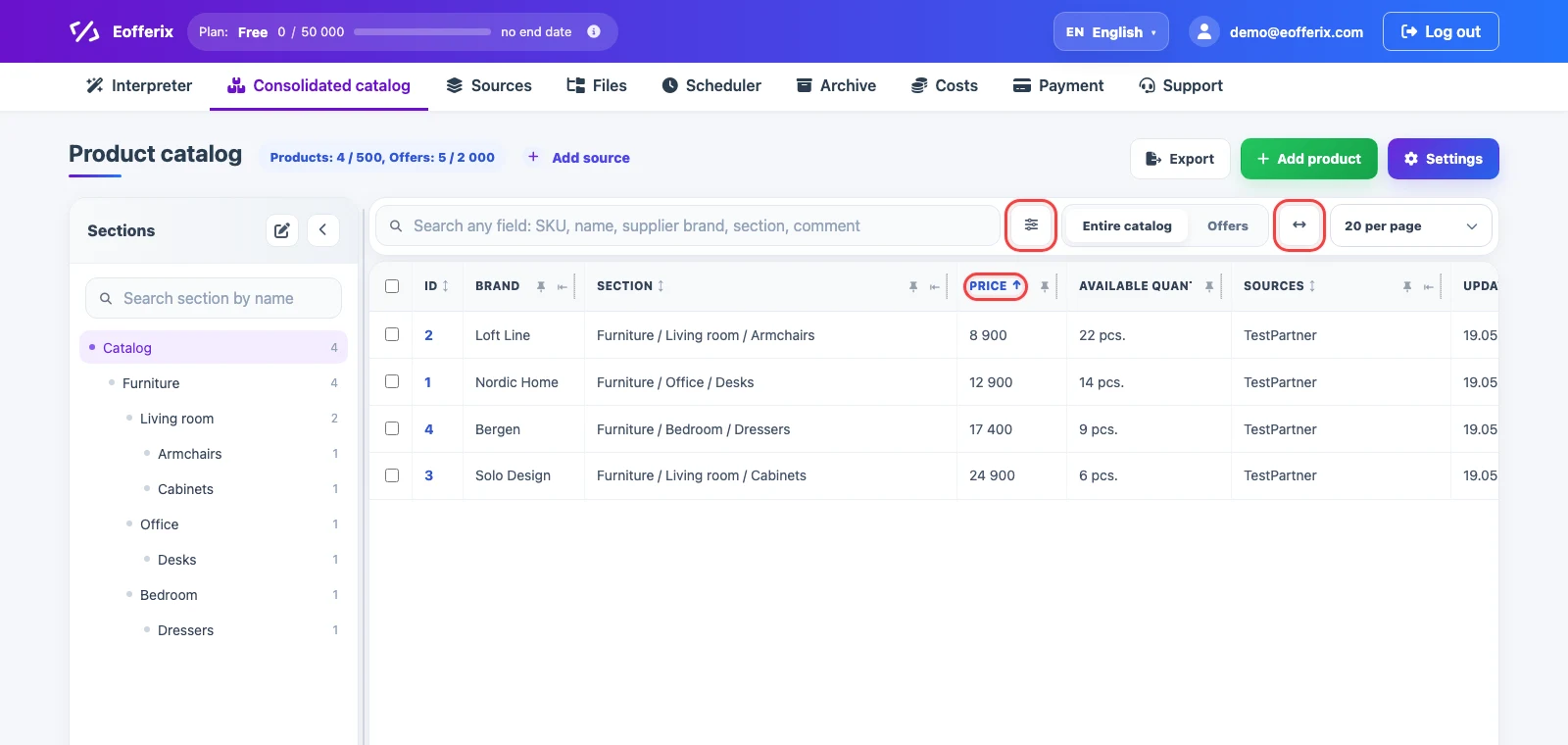 Sorting, filter button, and table width button in the Eofferix consolidated catalog