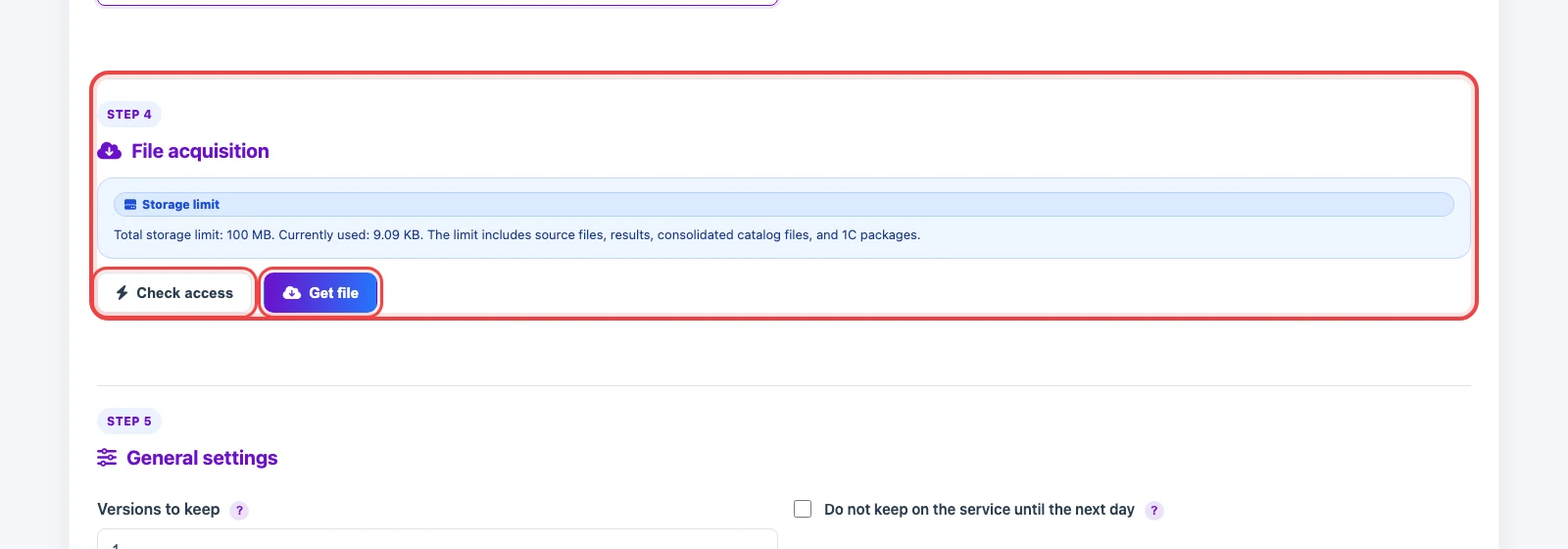 Access check and file acquisition buttons for a URL source