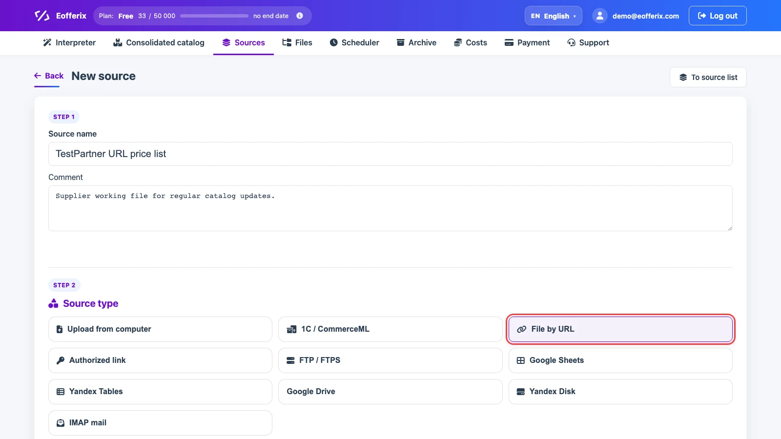 Selecting a URL source in Eofferix