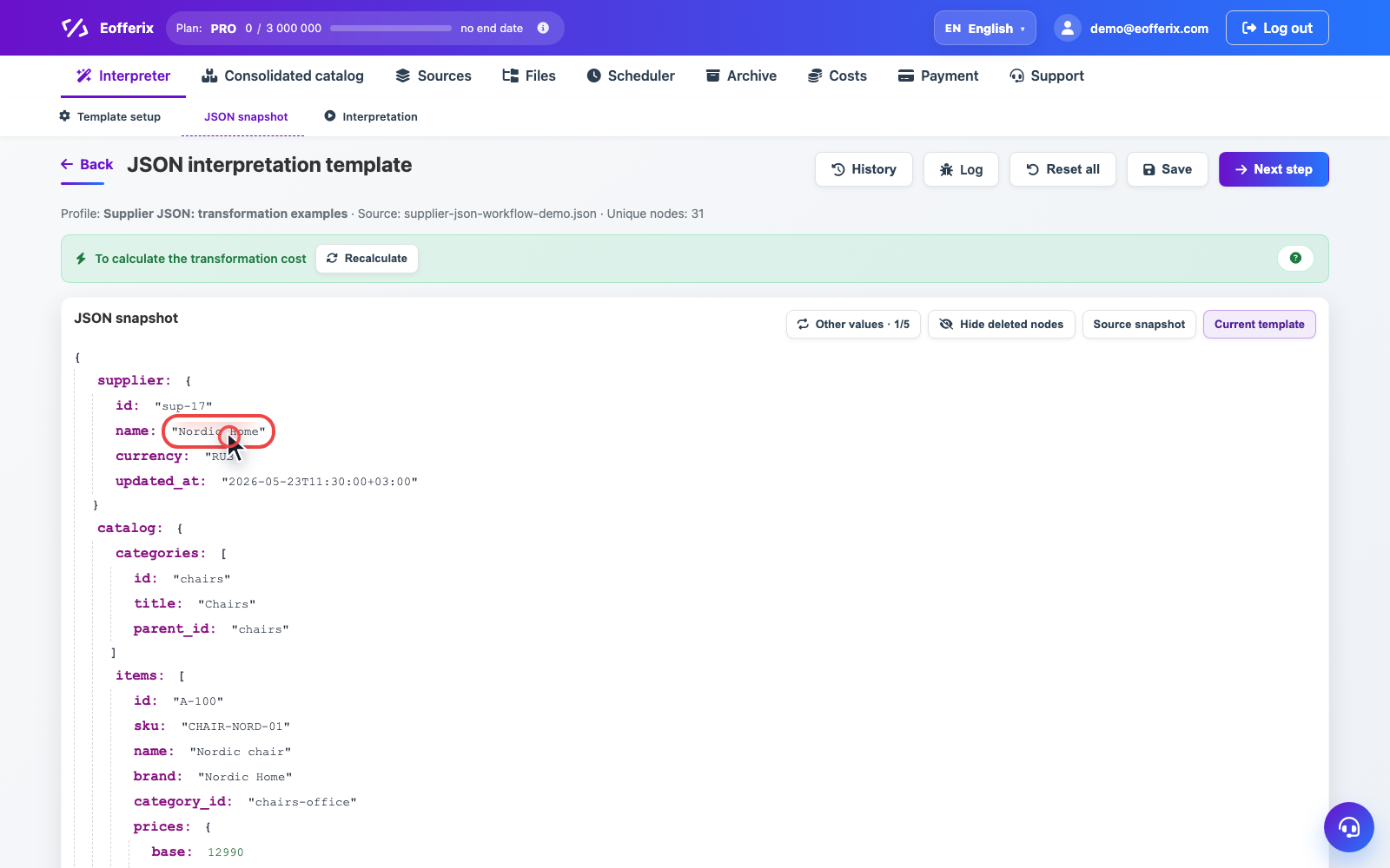 Animation showing the transformations window opening in the JSON editor
