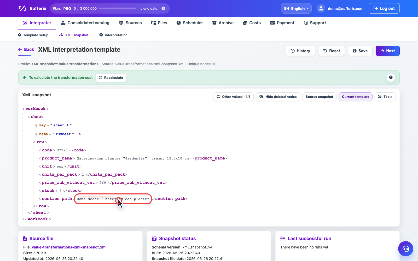 Animation showing the transformations window opening in the XML snapshot